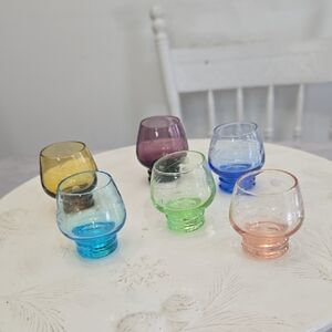 Vintage Set Of 6 Sake Cordial Shot Etched Multi Colored  Glasses Barware